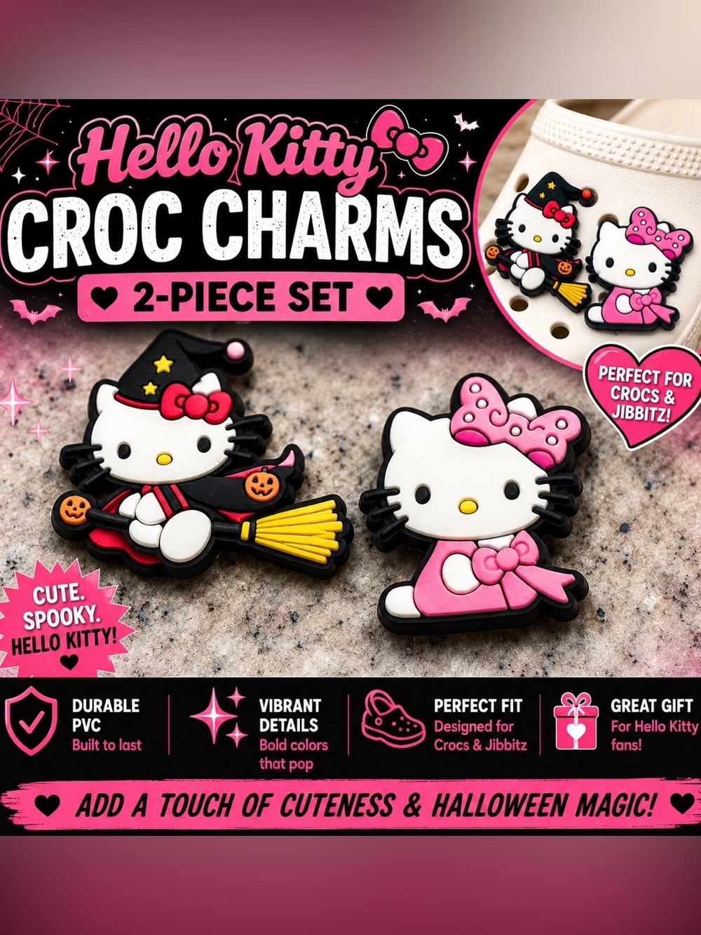 Hello Kitty Pink & Black Halloween Croc Charms 2-Piece Set